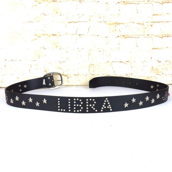 Old Navy Leather Belt Women M/L Black Studded Rhinestone Zodiac LIBRA Y2K 2001 - Picture 3 of 14